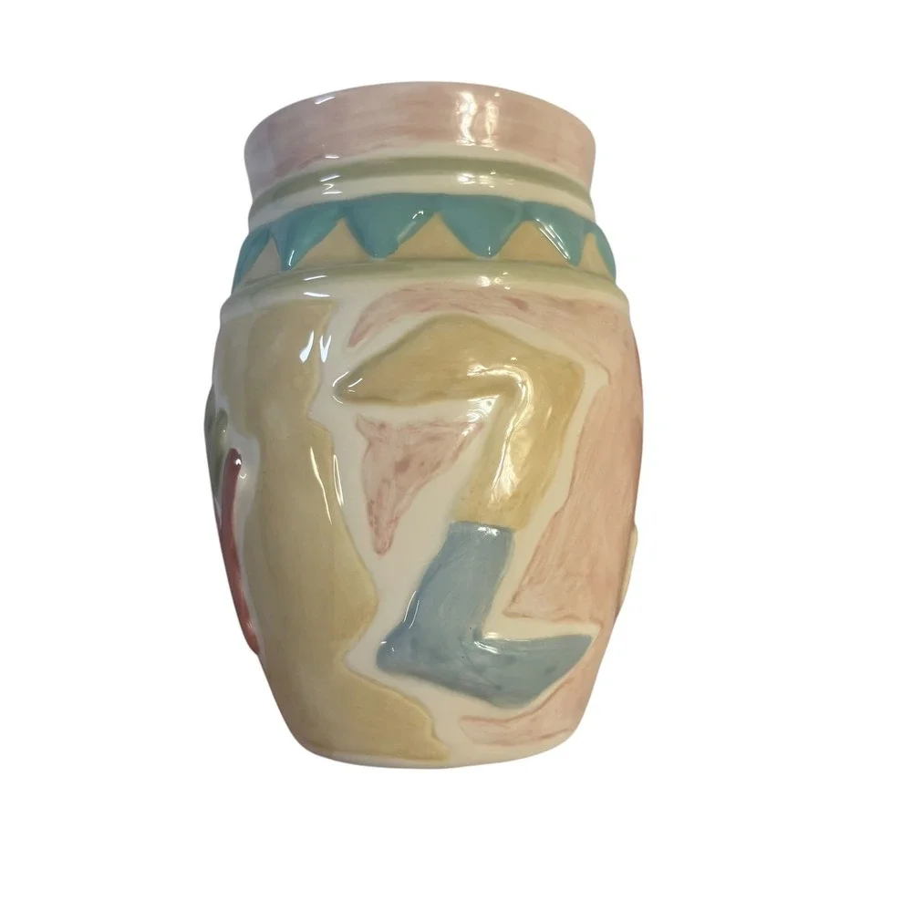 B&D China Abstract Pastel Ceramic Vase Postmodern Embossed Geometric 5 Inch